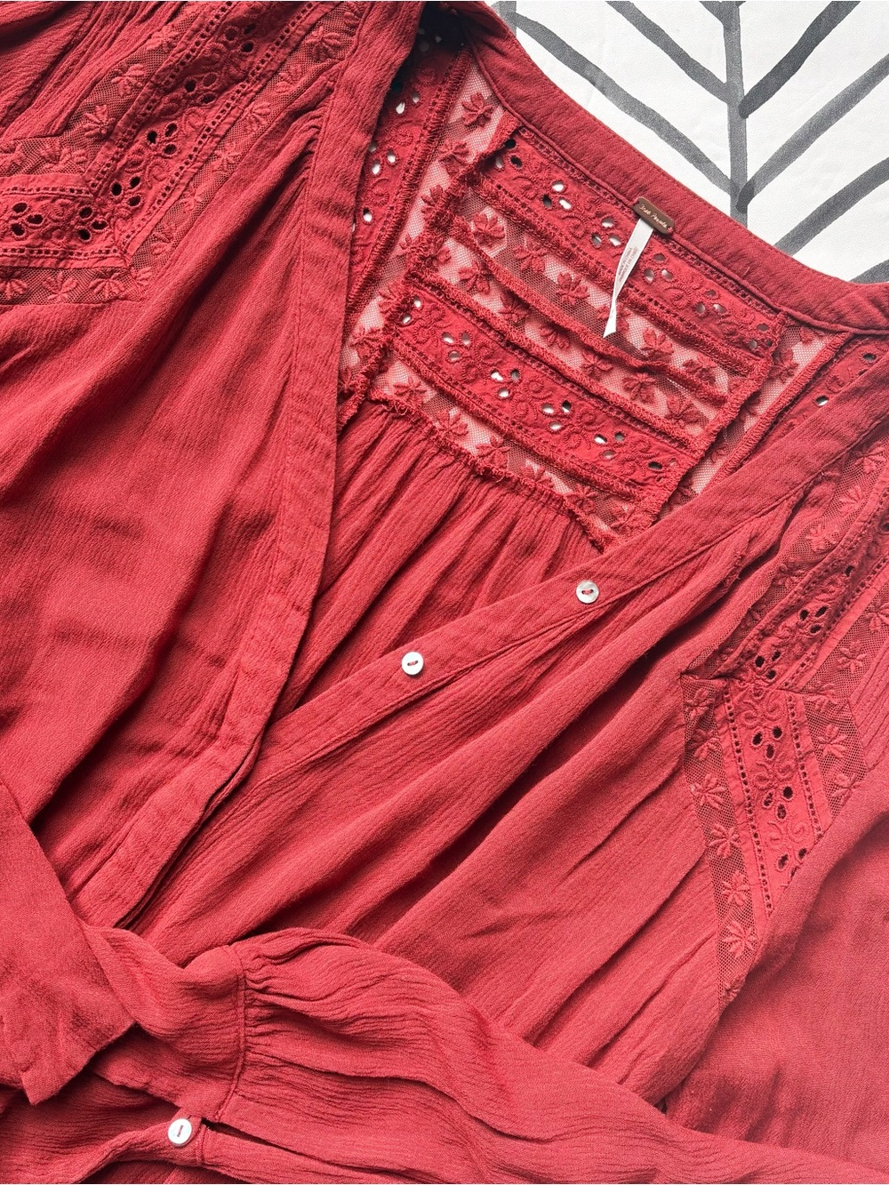 Free People Brick Red Lace-Yoke Long-Sleeve Tunic